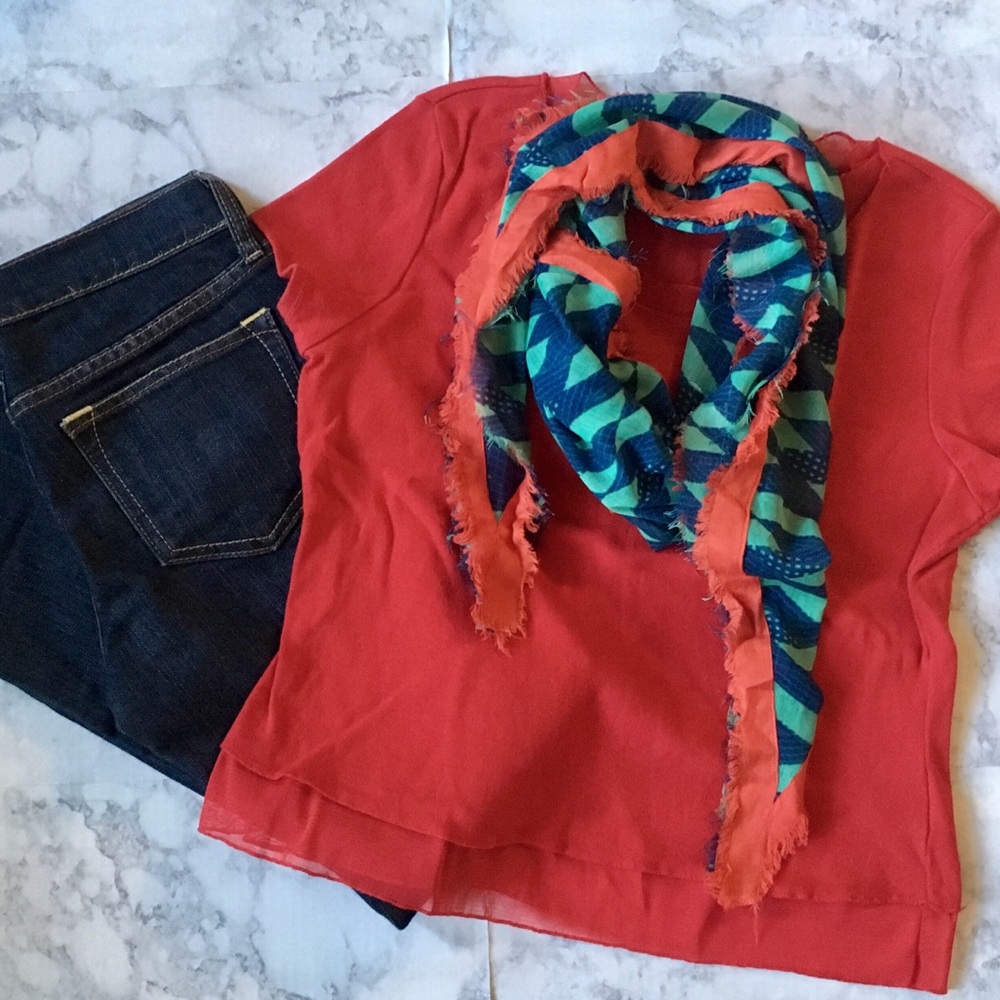 Denim blue, mint, red scarf!